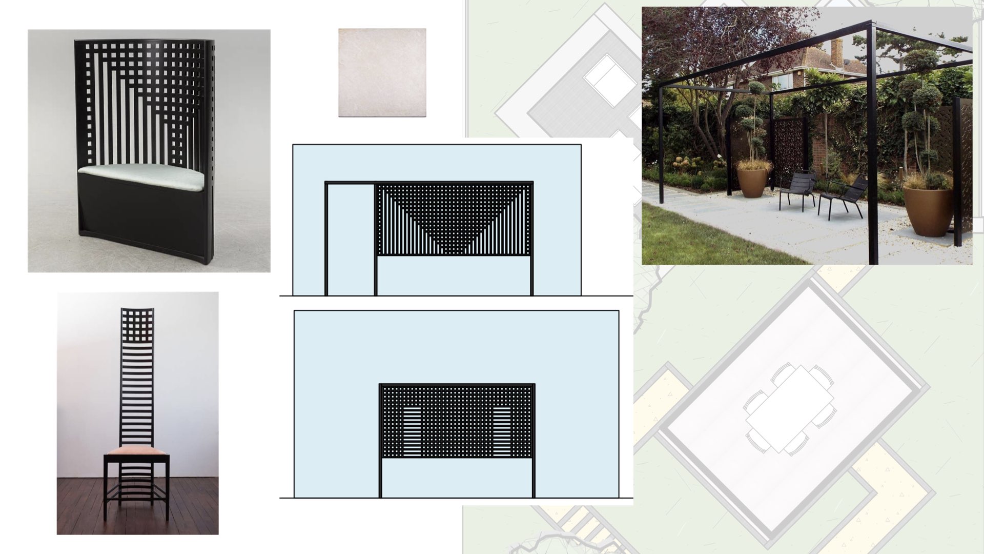 Concept development for garden screening, with Charles Rennie Mackintosh chairs alongside construction drawings for a bespoke screen